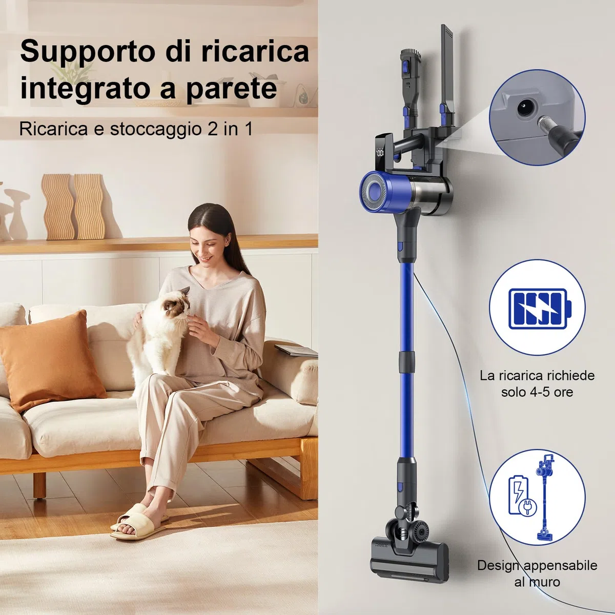 Aspirapolvere Senza Fili Potente 650W/58KPA/60Mins, Scopa Elettrica Senza Fili Anti-Groviglio LED Peli Animali, 2,3kg Ultraleggero, 2L Senza Sacco, Filtro HEPA,Pavimenti Duri e Tappeti (BLUE)