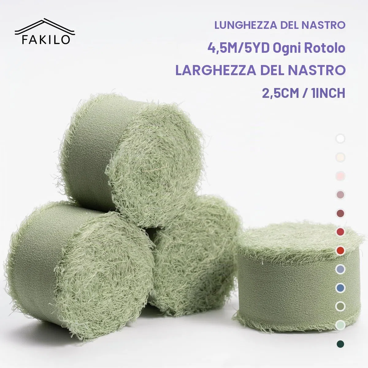 Nastro in Chiffon Frange Fatto a Mano 4 Rotoli 1'' X 5 Yd Verde Chiaro, 20 Yd Nastro di Seta per Inviti di Nozze, Bouquet da Sposa, Confezione Regali