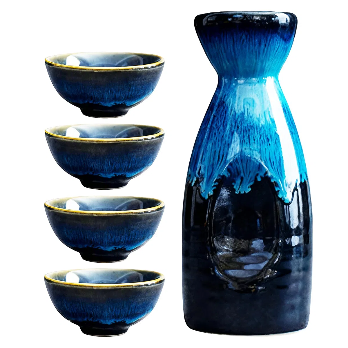 BORDEAG Set di 5 sake da 310 ml, in ceramica giapponese, vetro borosilicato di alta qualità con tazza e vaso di vino, elegante porcellana blu