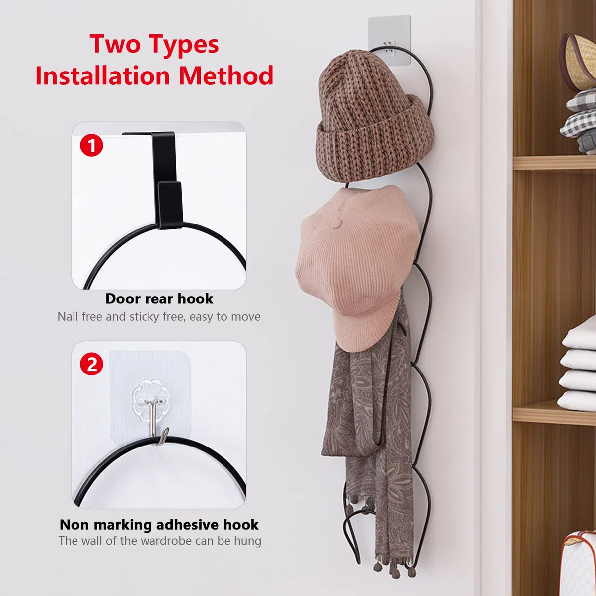 12 pezzi Appendiabiti Rack Organizzatore Armadio Appeso Cappello Baseball Display Storage Rack per sciarpe, borse, asciugamani, cravatte Sopra la porta, montato a parete con ganci