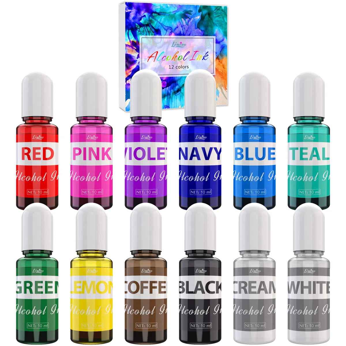 Alcohol Ink Set - 12 Colori x 10ml Inchiostro Alcool per Pittura, Arte in Resina, Fabbricazione Capsule Petri di Resina - Colorante Alcool Concentrato per Bicchiere, Yupo, Mestieri