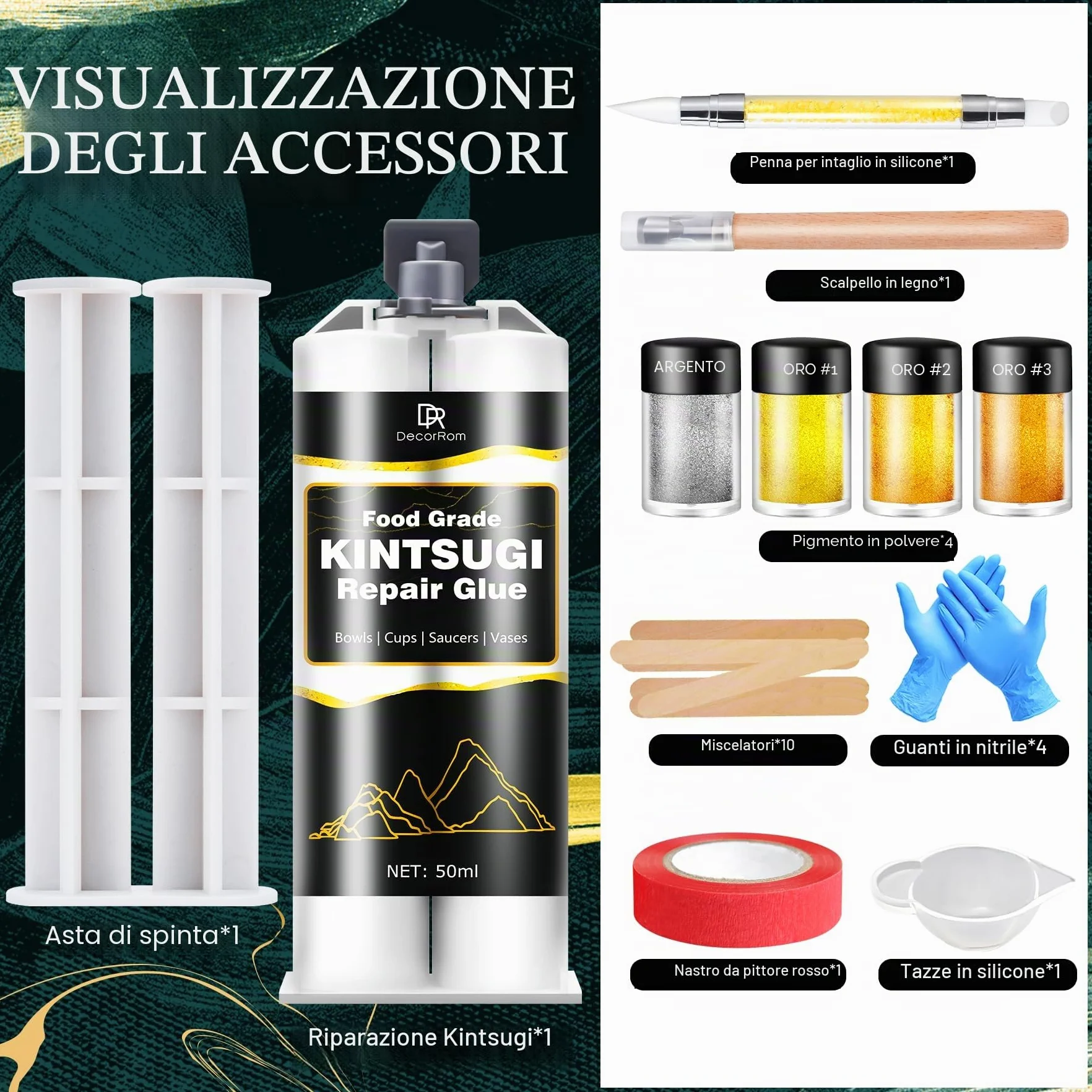 Kintsugi Set Riparazione Ceramica 50ml Oro Argento Adesivo Porcellana Sicuro Alimenti