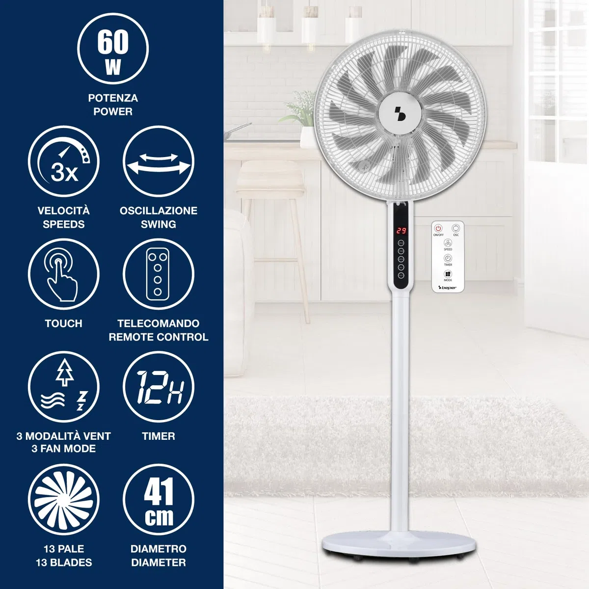 BEPER P206VEN154 Ventilatore a Piantana 13 Pale con Telecomando, 41 cm, 3 Velocità e 3 Modalità, Timer 12h, Oscillante, Altezza Regolabile 70-130 cm, Display Digitale