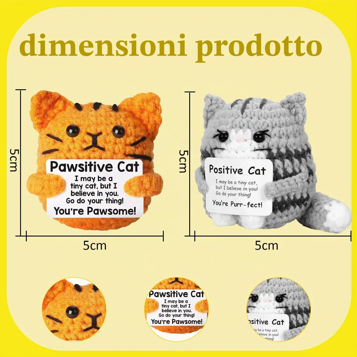 Animali di peluche positivi a uncinetto Gatto, 2 pezzi Animale di peluche di supporto emotivo Regalo, Regali positivi Gatto, Regalo incoraggiante, Portafortuna con biglietto di incoraggiamento