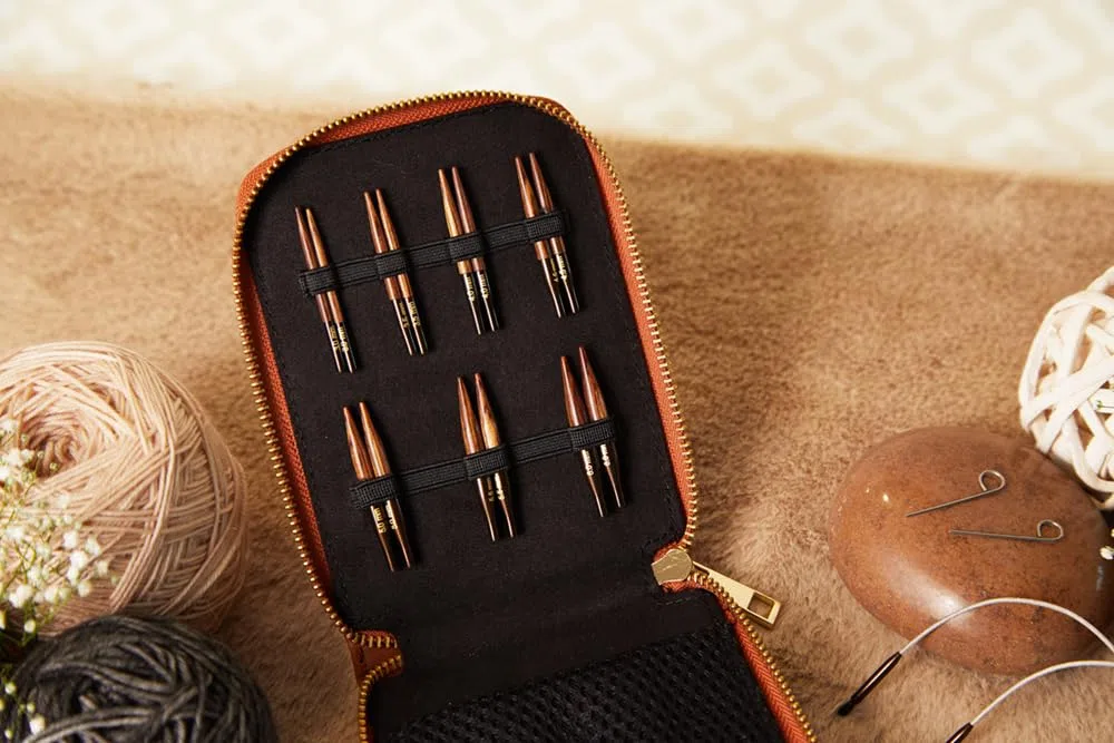 KnitPro Ginger - Set di ferri da maglia, mini perni intercambiabili, 2 cavi da 25 cm, tappi terminali, chiavi per cavi, custodia in ecopelle, 3, 3,5, 4, 4,5, 5, 5, 5,5, 6 mm