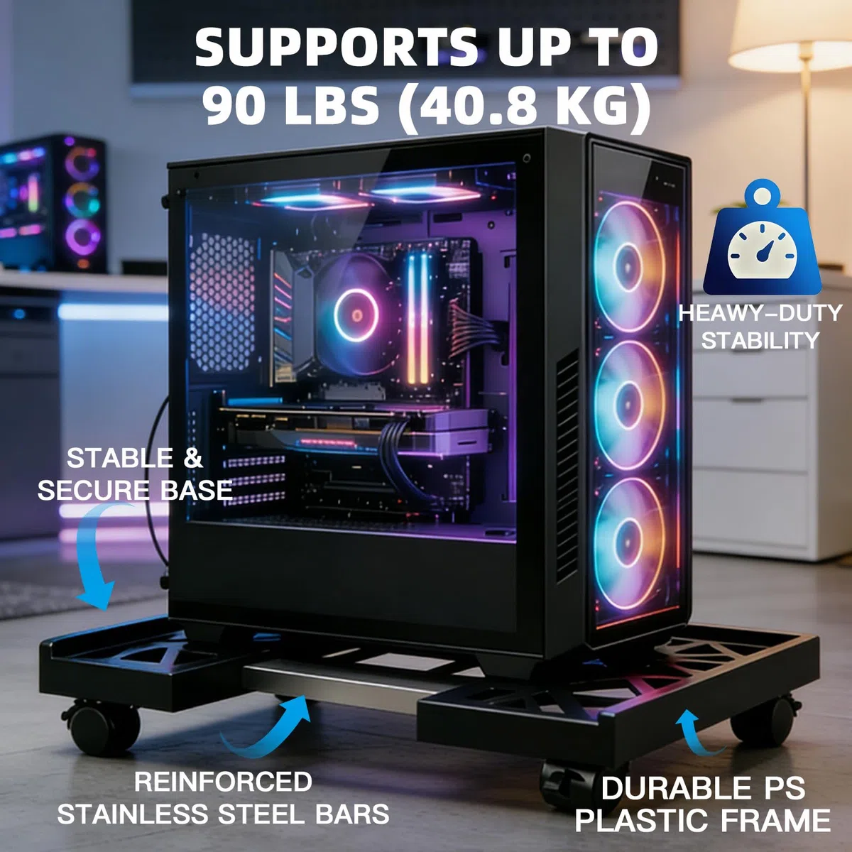 Supporto per PC con ruote, supporto per CPU mobile, accessori per computer, telaio principale, supporto mobile sotto scrivania per casa, ufficio, desk PC (nero)
