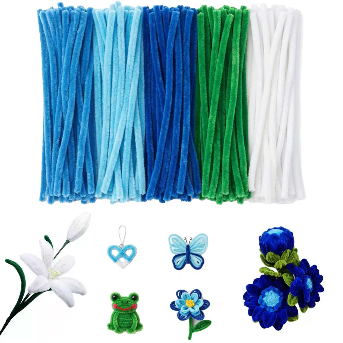 Set di Fiori in Puliscipipa – 300 Pezzi in 5 Colori con 20 Steli Verdi, 1 Rotolo di Nastro Floreale Verde e 1 Foglia di Polline per Fai-da-Te Bouquet, Progetti Creativi, Artigianato e Decorazioni