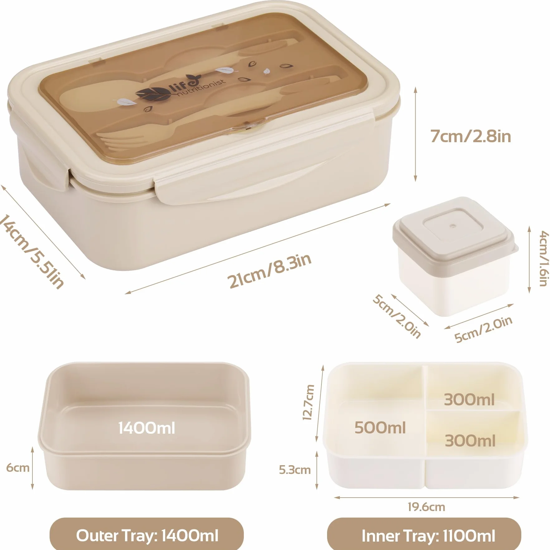 LUZOON Bento Lunch Box,1400ml Bento Box con 3 Scomparti e Posate per Adulti, Porta Pranzo con Posate e Scatola Per Salse,Senza BPA,Sicuri per Microonde e Lavastoviglie (Kaki)