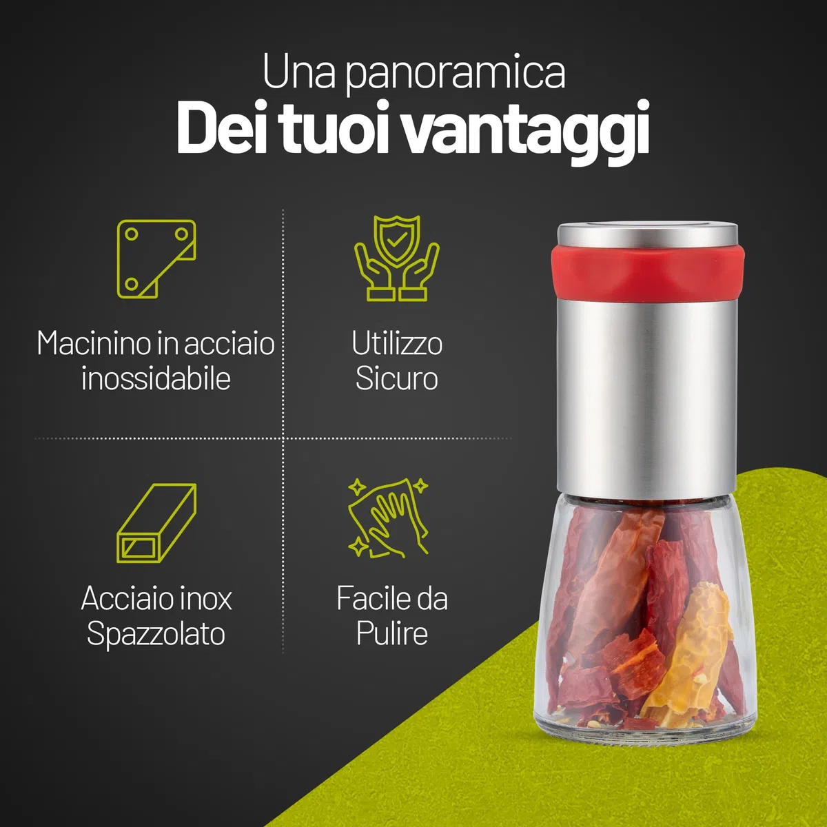 Macinino per peperoncino in acciaio inox e vetro, trita spezie con meccanismo di taglio in acciaio inox - macina peperoncino e altre spezie grossolane, con coperchio protettivo