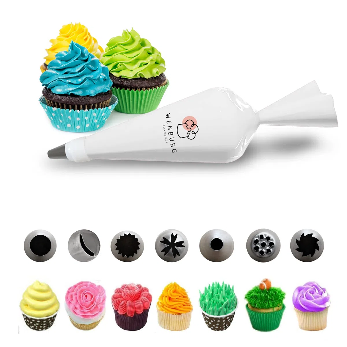 Wenburg Sacca a Poche per Dolci - 7 Ugelli per Tubazioni - Sac a Poche in Cotone da 40 cm - Bocchette Professionali in Acciaio Inox per la Decorazione di Torte, Cupcake e Biscotti (Set Premium Plus)
