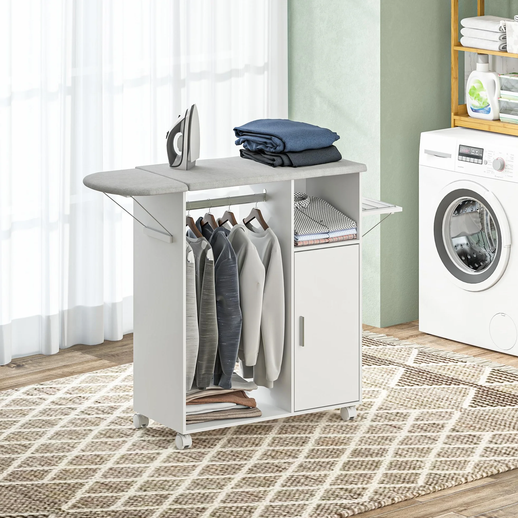 HOMCOM Mobile Asse da Stiro in Truciolato e Spugna con Piano d'Appoggio in Tessuto Effetto Lino, 3 Ripiani a Cubo e Guida per Appendere, per Lavanderia, Bagno, 127x42.5x99 cm, Bianco