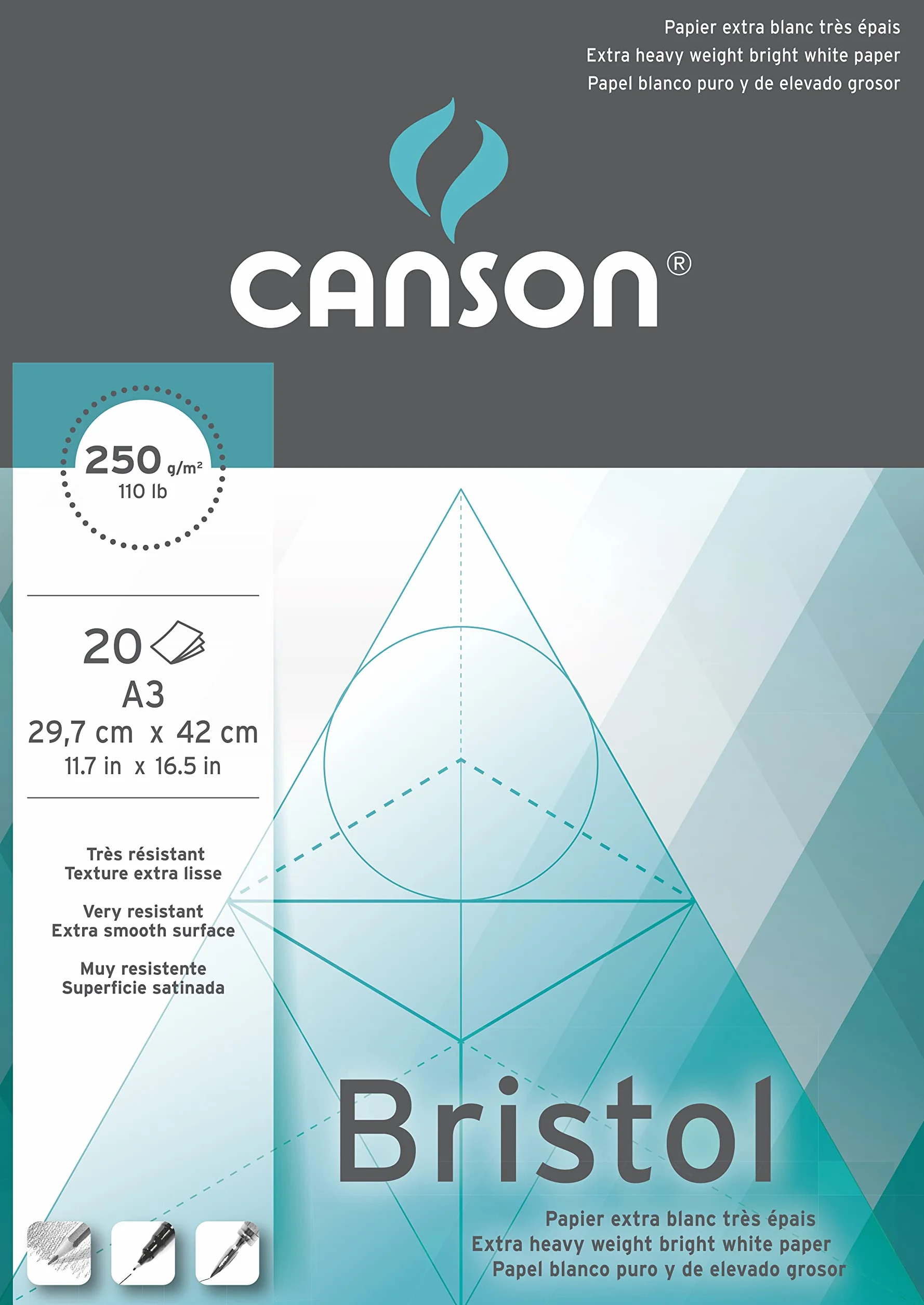 Canson Bristol blocco collato lato corto,carta finissima molto liscia,A3,20 fogli,250g/m, 29,7x42