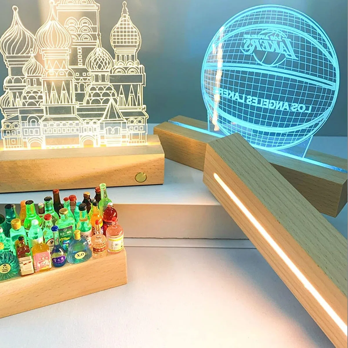 Vegena BY-YQ-TongCao - Base luminosa a LED in legno, con interruttore USB, per display da tavolo, in acrilico, lunghezza 30 cm, luce bianca calda, 2 pezzi