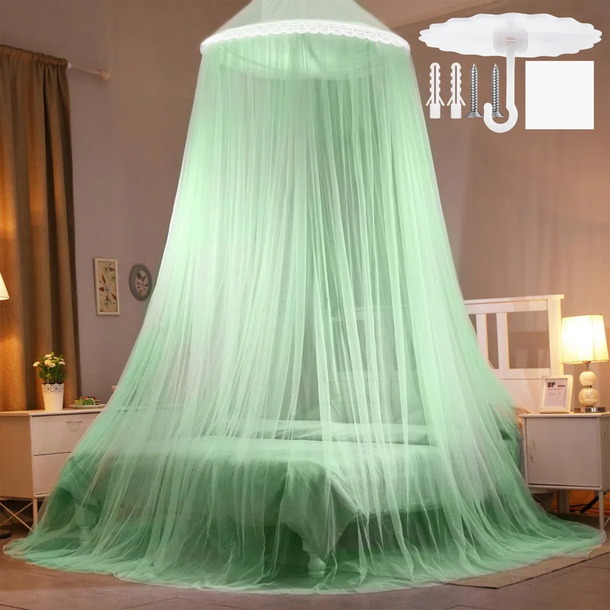 CINGHIA Zanzariera Letto, Zanzariera a Cupola, Verde Chiaro, Matrimoniale Singolo, Senza Porta, Baldacchino, Adatto Uso Interno ed Esterno
