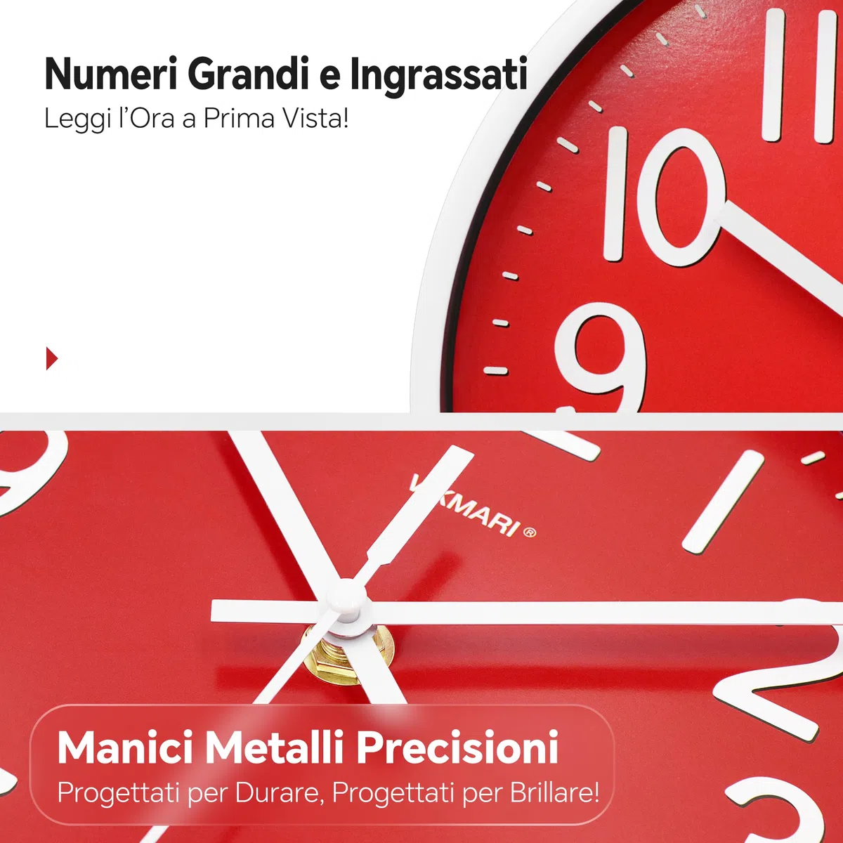 VIKMARI Orologio da Parete Piccolo 20 cm Rosso Moderno Silenzioso a Batteria per Cucina Soggiorno Camera da Letto Bagno Ufficio Scuola