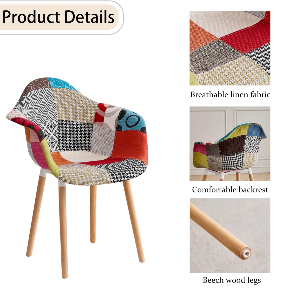 GrandCA HOME Set di 2 Sedie da Pranzo Moderne con Braccioli, Gambe in Faggio, Sedie da Cucina Patchwork Nordiche per Cucina, Soggiorno, Sala da Pranzo, Camera da Letto (Rosso)