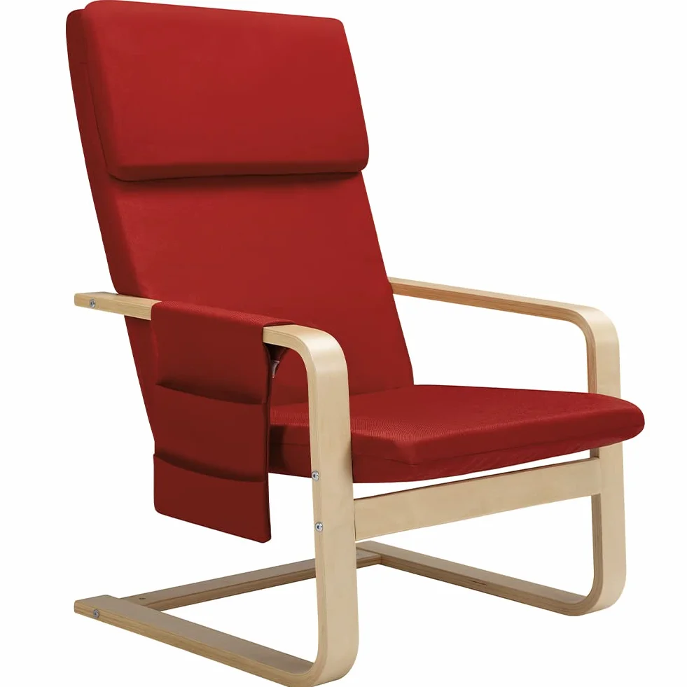 BAKAJI Sedia a Dondolo in Legno di Betulla con Rivestimento in Cotone Imbottito in Spugna Altissima Densità, Poltrona Oscillante Relax con Borsa a 2 Scomparti e Cuscino, Seduta Ergonomica (Rosso)