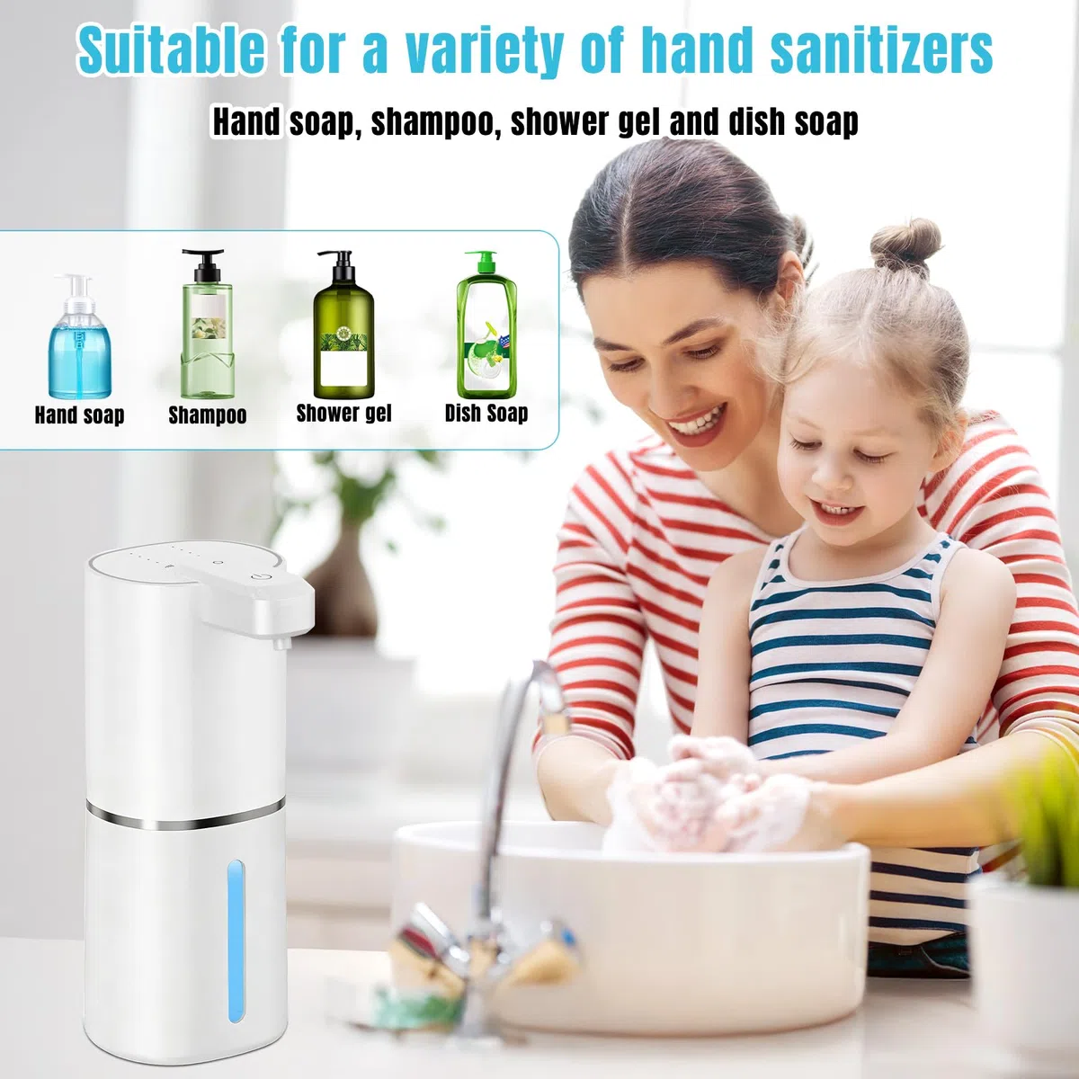 Dispenser Sapone Automatico, 380 ml Dispenser Sapone Bagno con Sensore di Movimento Infrarossi, 4 velocità, da parete, ricaricabile tramite USB, IPX5 per Bagni, Cucine, Scuole