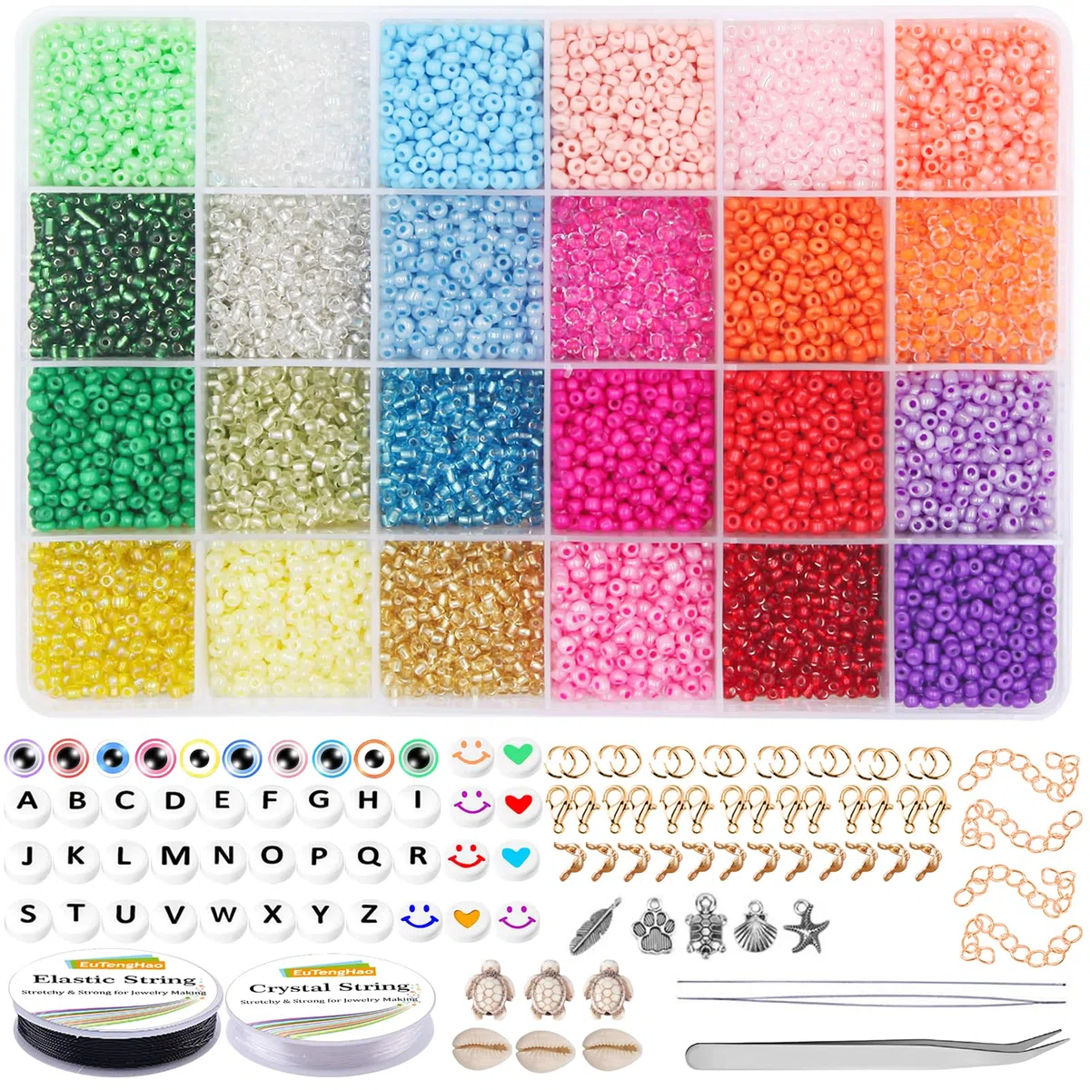 EuTengHao 13200 perline in vetro, piccole perline per pony fai da te, per braccialetti, collane, gioielli, creazione di gioielli con due stringhe trasparenti da 0,6 mm(3mm,550per colore,24 colori)