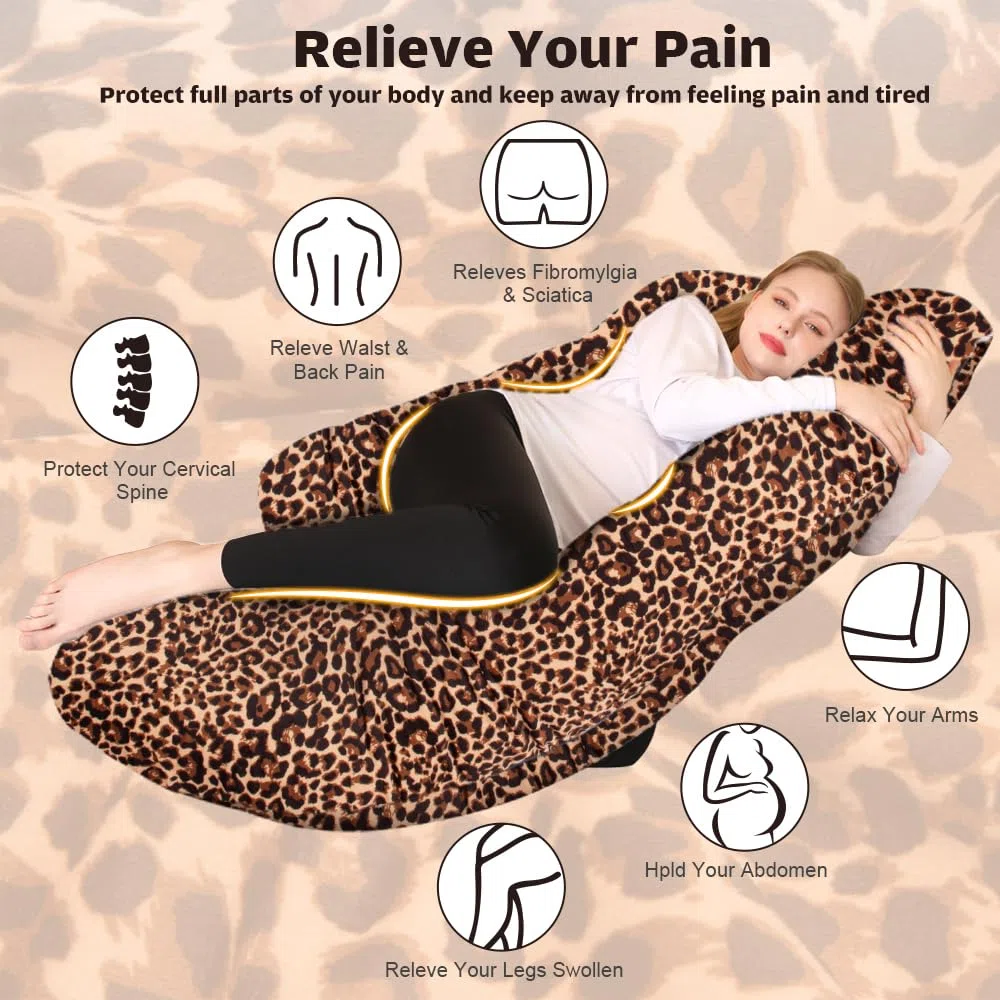 Chilling Home Cuscino per gravidanza a forma di J, cuscino per chi dorme sul fianco con rivestimento J, cuscino per allattamento, grande cuscino per donne e chi dorme sul fianco (motivo leopardato)