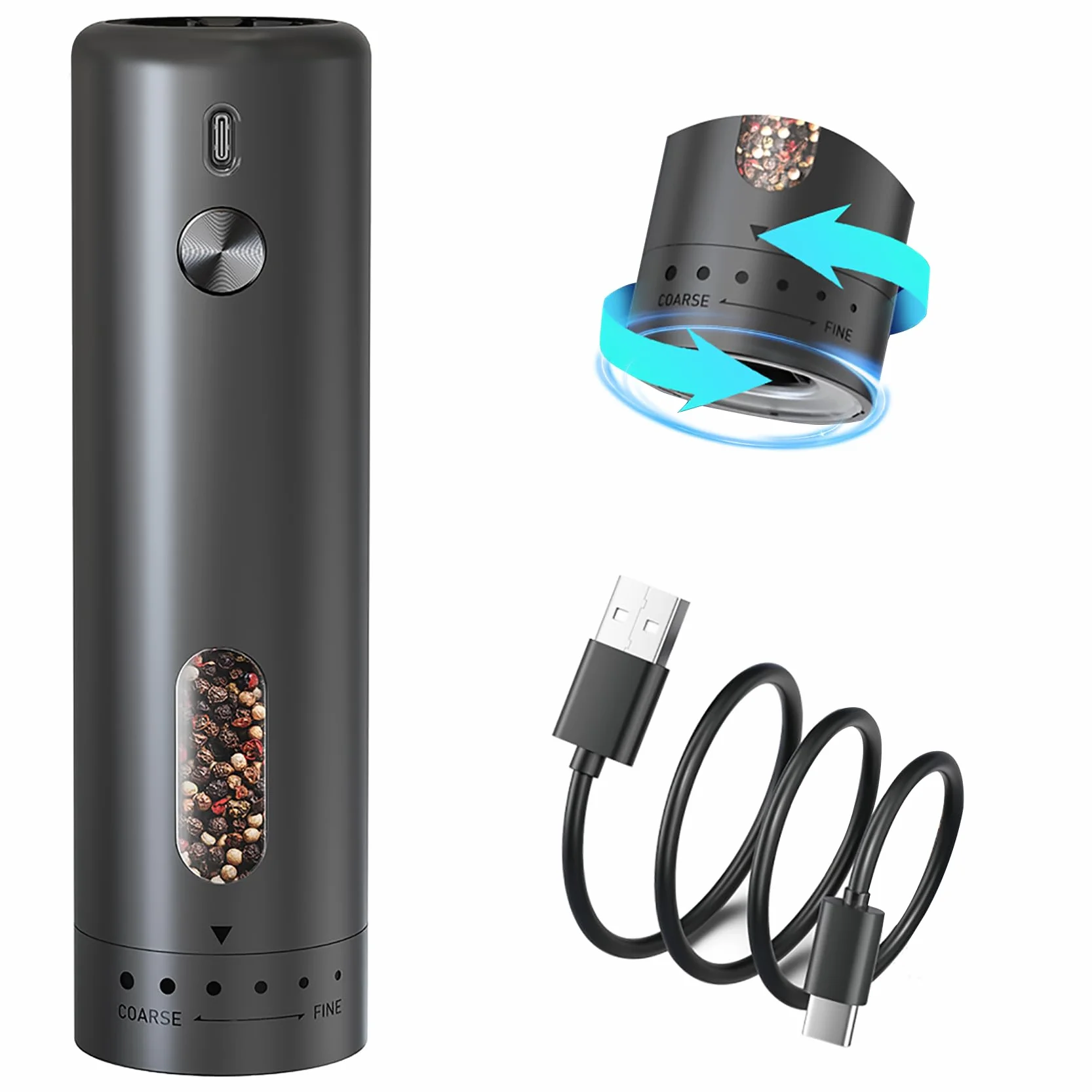 Macina pepe e sale elettrico, 110ml macina sale pepe USB ricaricabile, macina spezie con 5 livelli di regolazione dell'ingranaggio esterno con finestra di visualizzazione