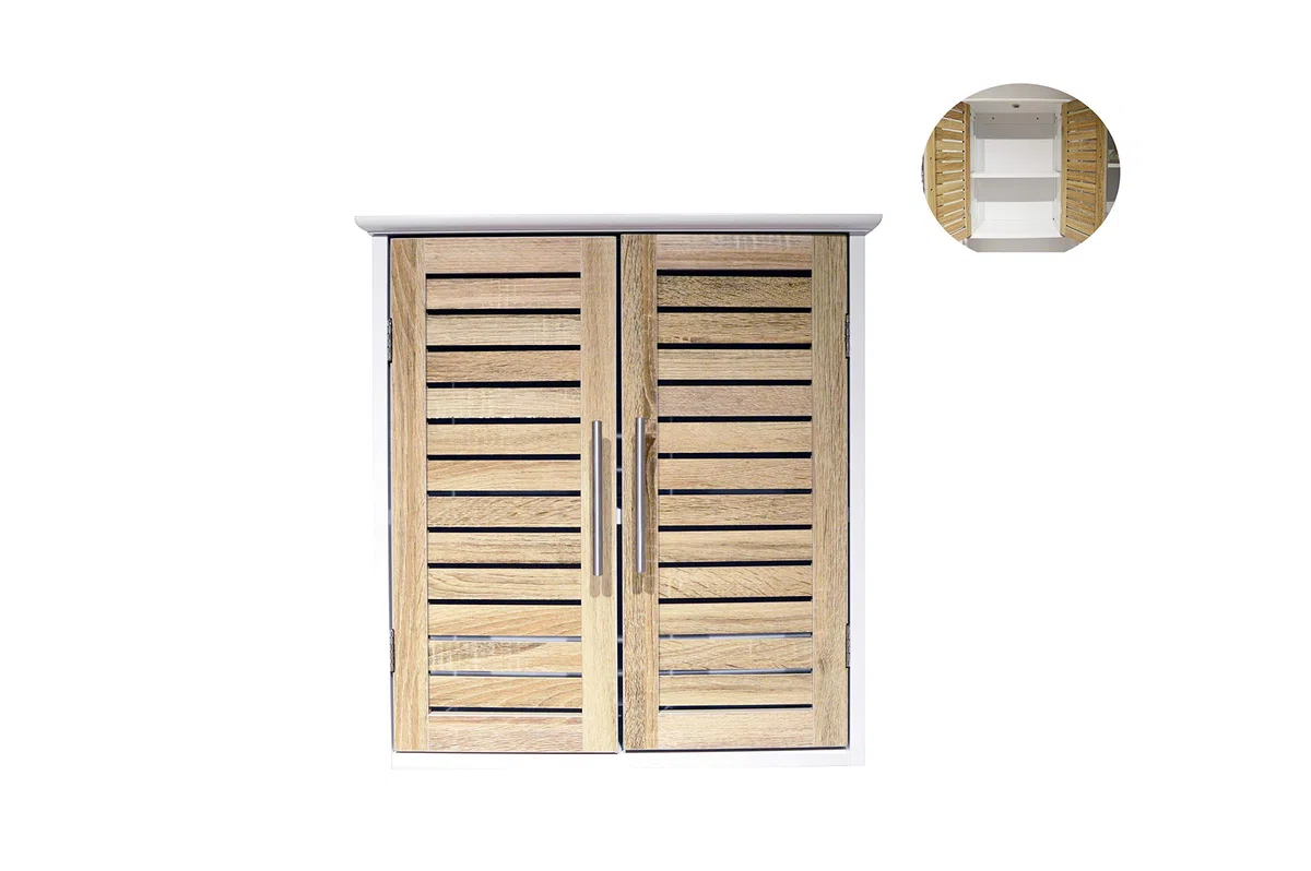 BM 4009 Armadietto Pensile/Mobile da Parete/Arredo Bagno, W52xD22xH55cm, MDF, Colore Bianco Legno Grano, Con 2 Ante e 1 Ripiano