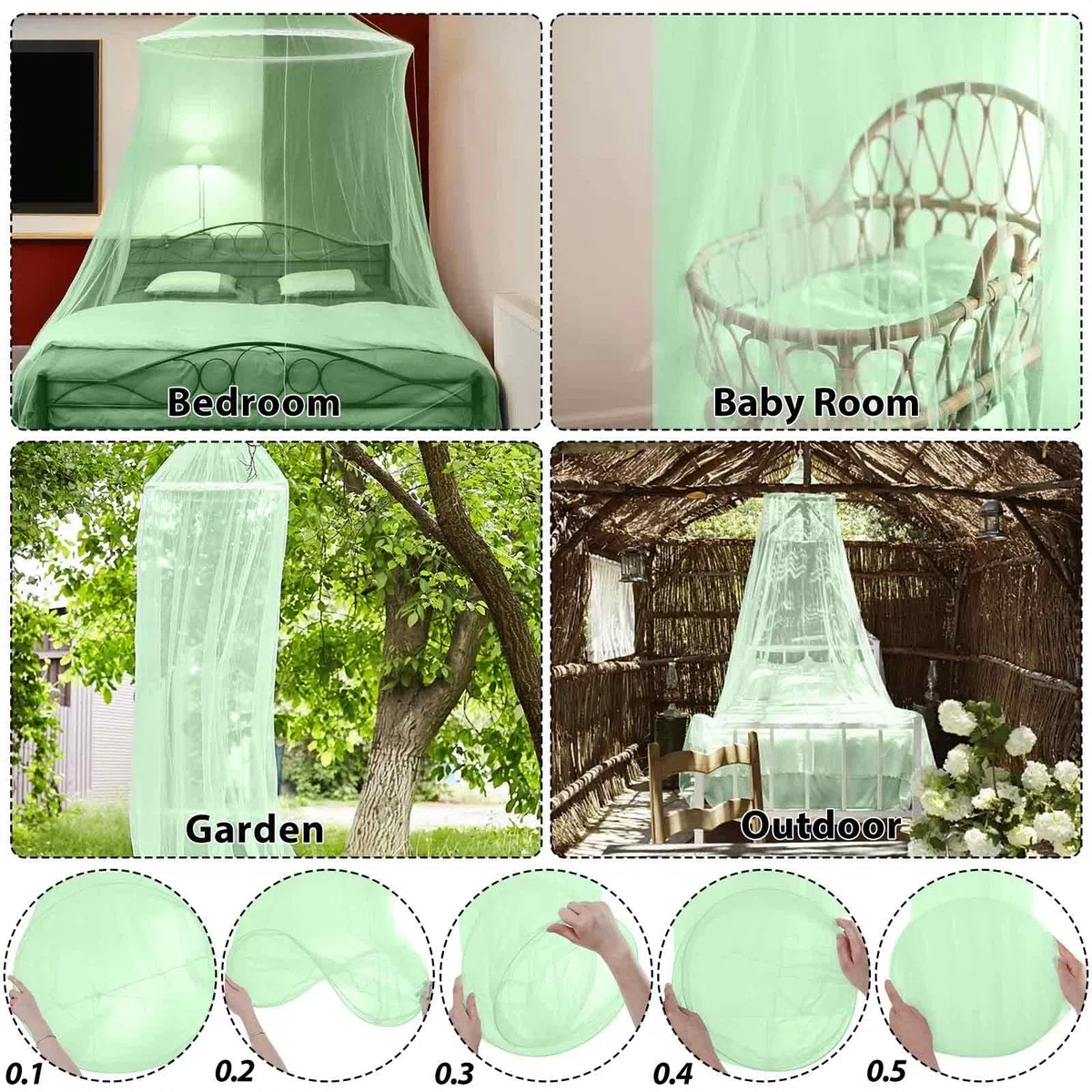 CINGHIA Zanzariera Letto, Zanzariera a Cupola, Verde Chiaro, Matrimoniale Singolo, Senza Porta, Baldacchino, Adatto Uso Interno ed Esterno