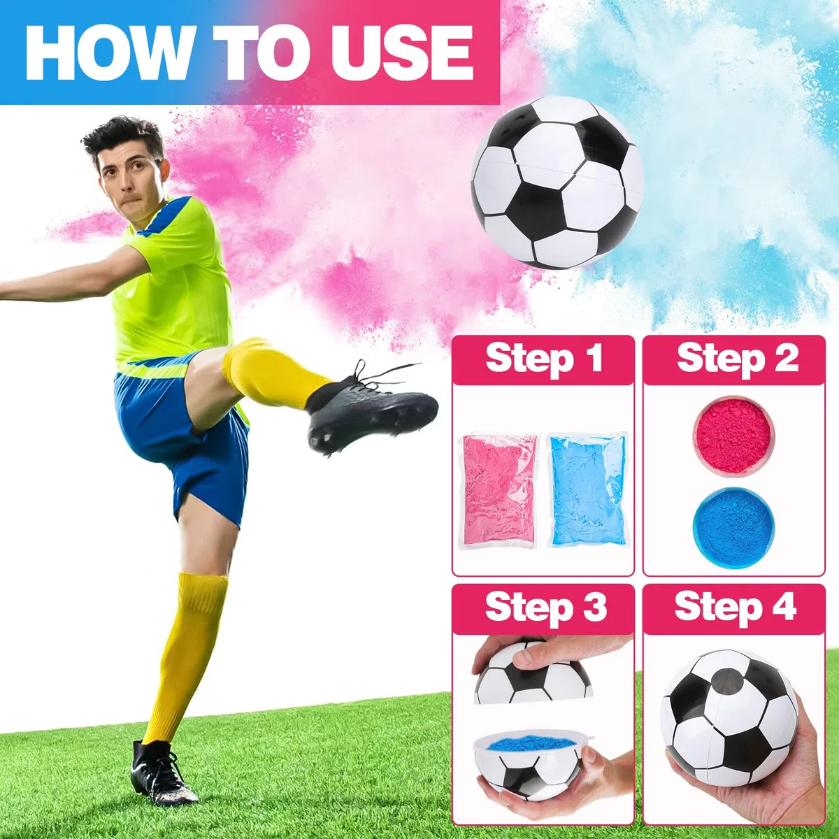 Pallone Gender Reveal 12 cm – Con polvere commestibile blu o rossa – Kit completo con 6 adesivi neri – Effetto spettacolare per foto e video, perfetto per Gender Reveal Party con fumogeni colorati