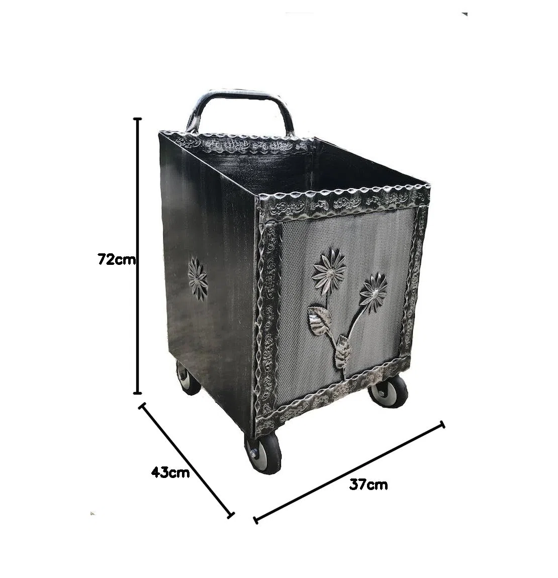 Carrello Porta Legna Ferro BATTUTO Nero/Grigio con Ruote CM 43X37X72H