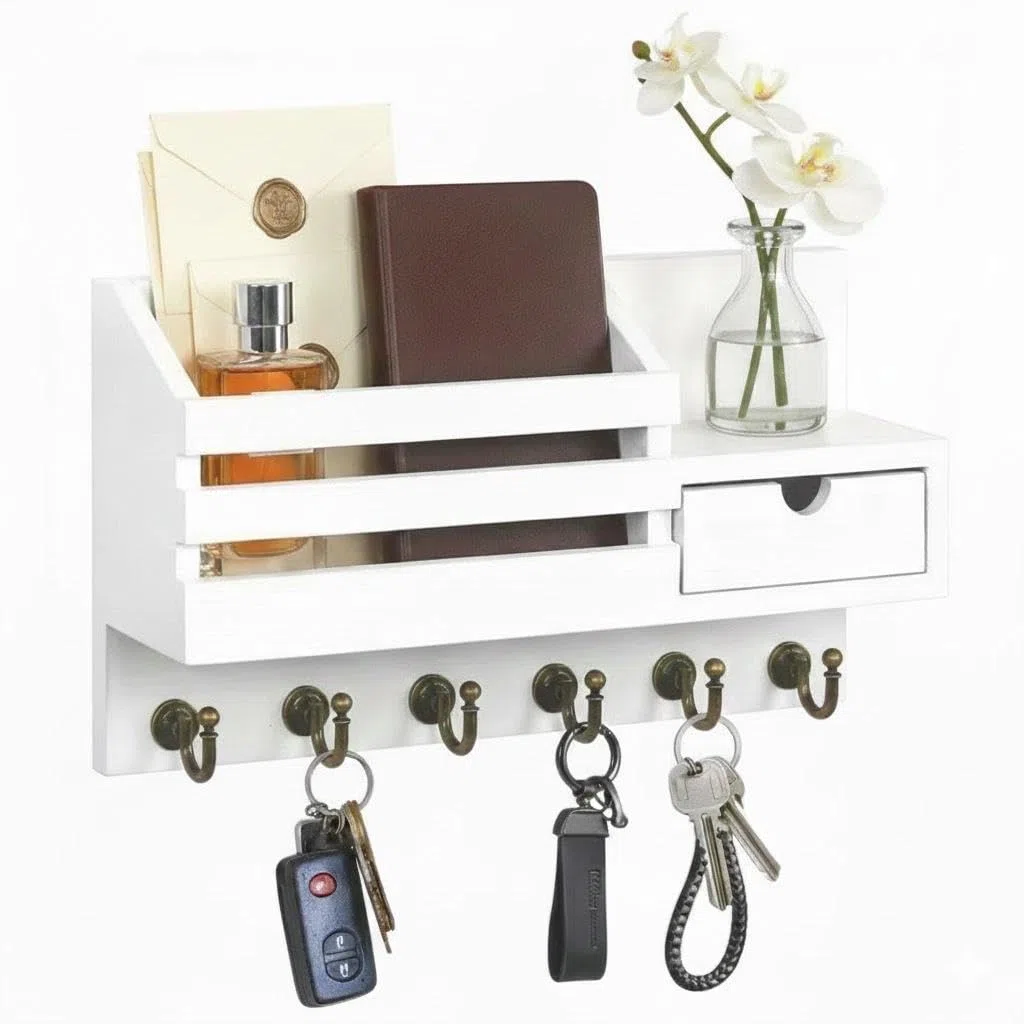 Portachiavi da parete con ripiano e cassetto, portachiavi in legno con 6 ganci, mensola da parete per organizzare le chiavi per ingresso, corridoio, soggiorno o ufficio, bianco