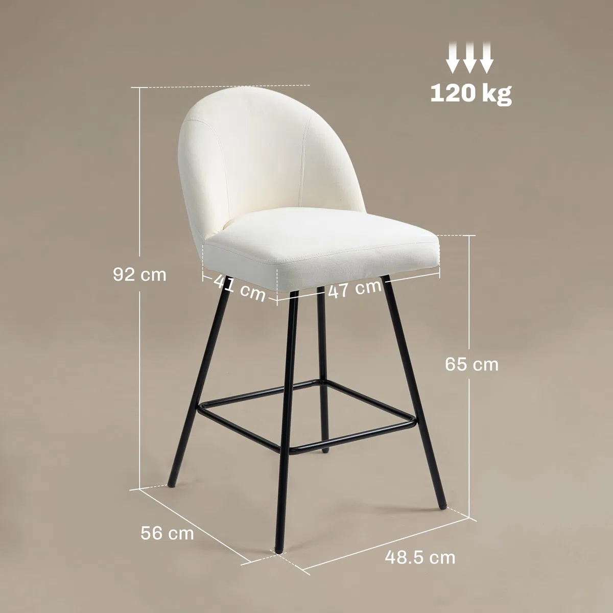 HOMCOM Set 2 Sgabelli da Bar con Poggiapiedi, Sedie Alte con Schienale in Velluto per Bancone Bar e Isola da Cucina, 48.5x56x92 cm, Bianco Crema
