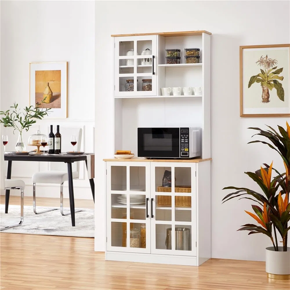 Yaheetech Credenza Cucina Alta Mobile Dispensa Buffet con Ante Ripiani Regolabili e Piano di Lavoro Aperto 80 x 37 x 183 cm per Sala da Pranzo Soggiorno Bianco