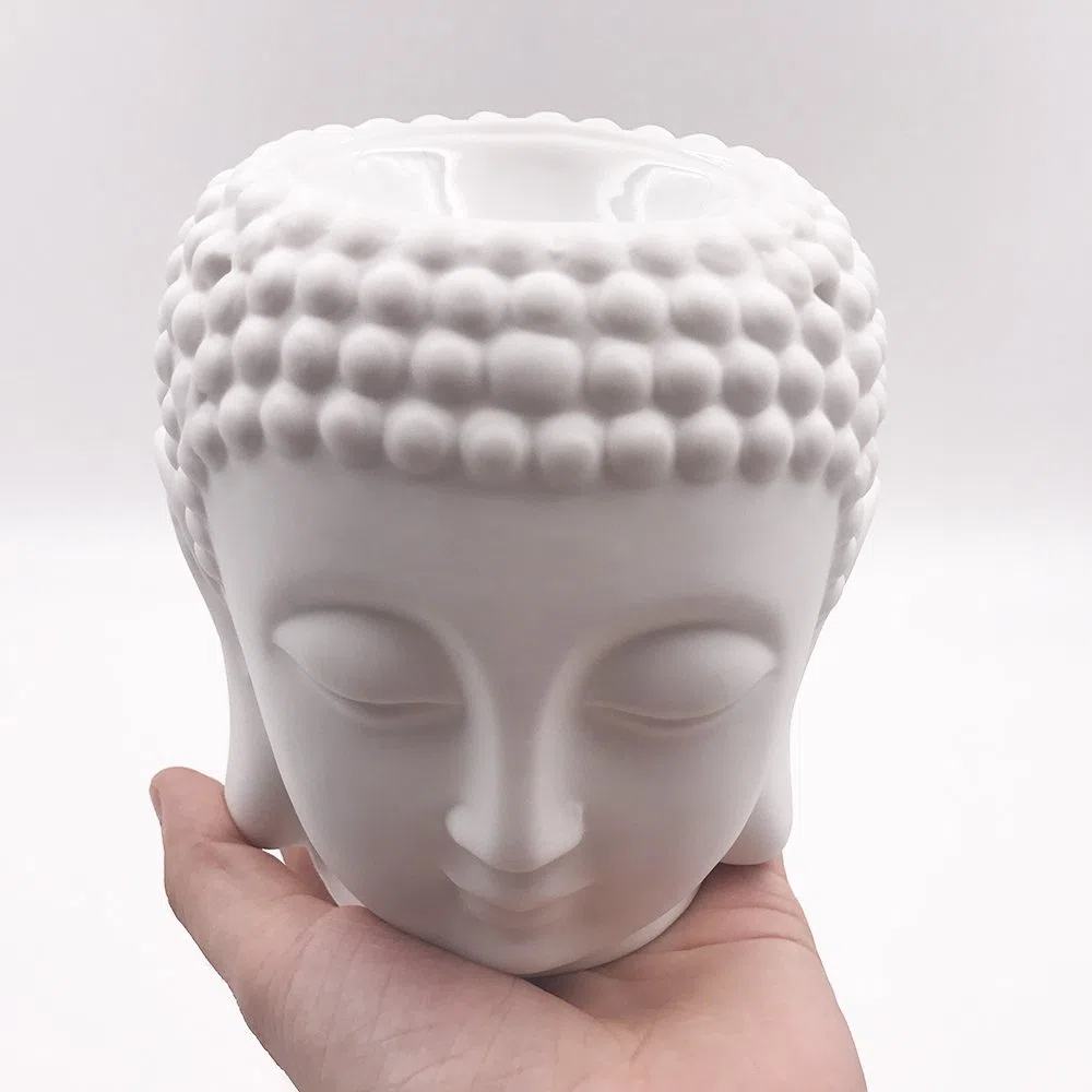 Bruciatore a olio per aromaterapia in ceramica, testa di buddha, diffusore di oli essenziali, bruciatore di incenso indiano tibetano S (bianco)
