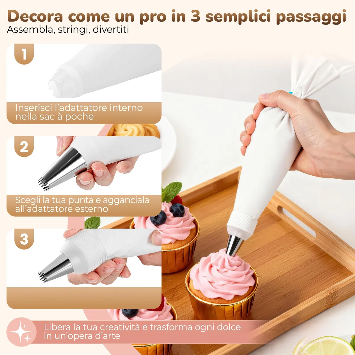 Sac à poche professionale 40 cm | Set con 2 sacche riutilizzabili in cotone | 7 Beccucci Decorativi in Acciaio Inox | Sac a Poche Riutilizzabile in Cotone, Lavabile in Lavastoviglie | Beccucci Grandi