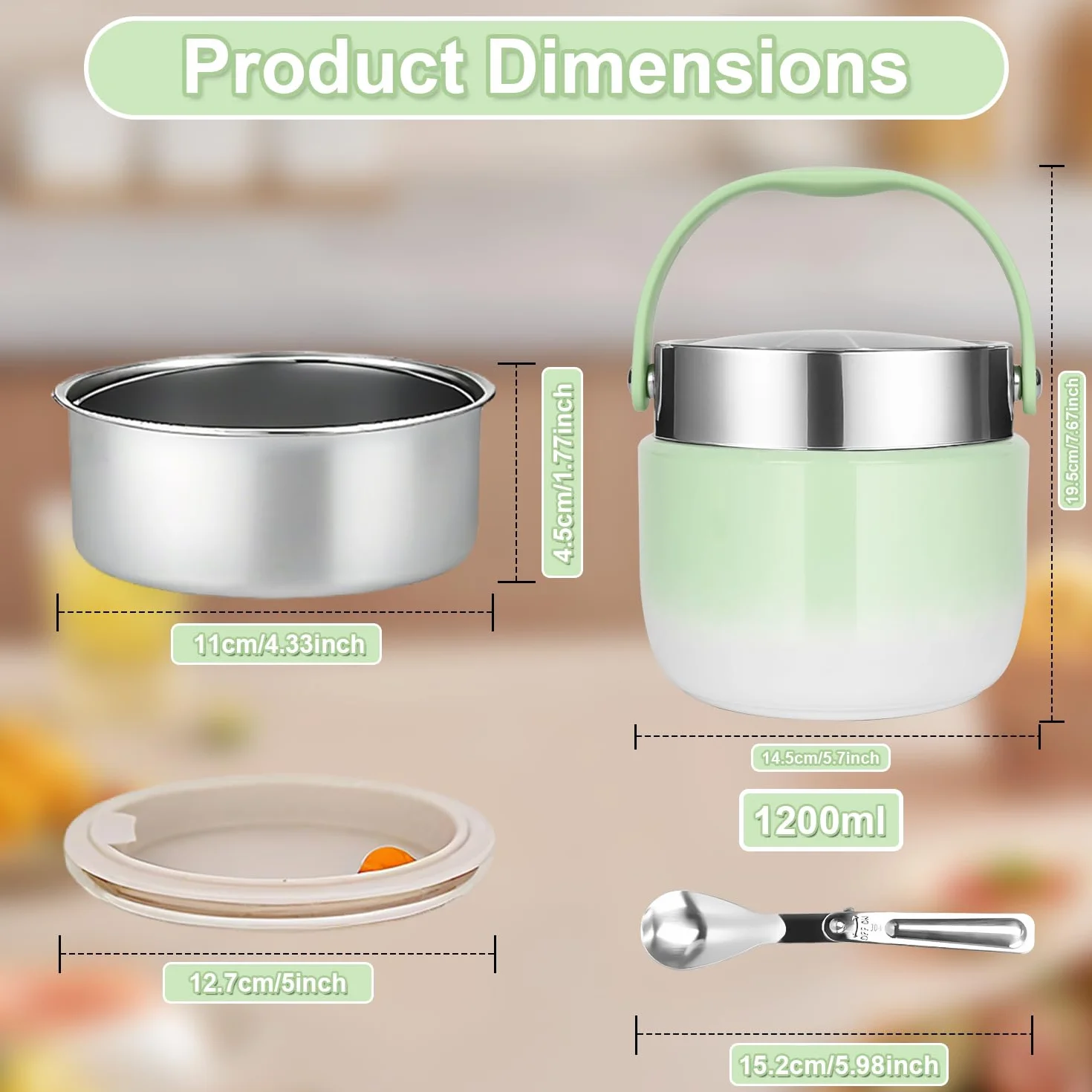 Contenitore Termico per Alimenti 1200 ml,Thermos per Alimenti Porta Pappa,ciotola termica con coperchio con cucchiaio pieghevole,Adatto per la conservazione di farina,zuppa,pranzo,formaggio (Verde)