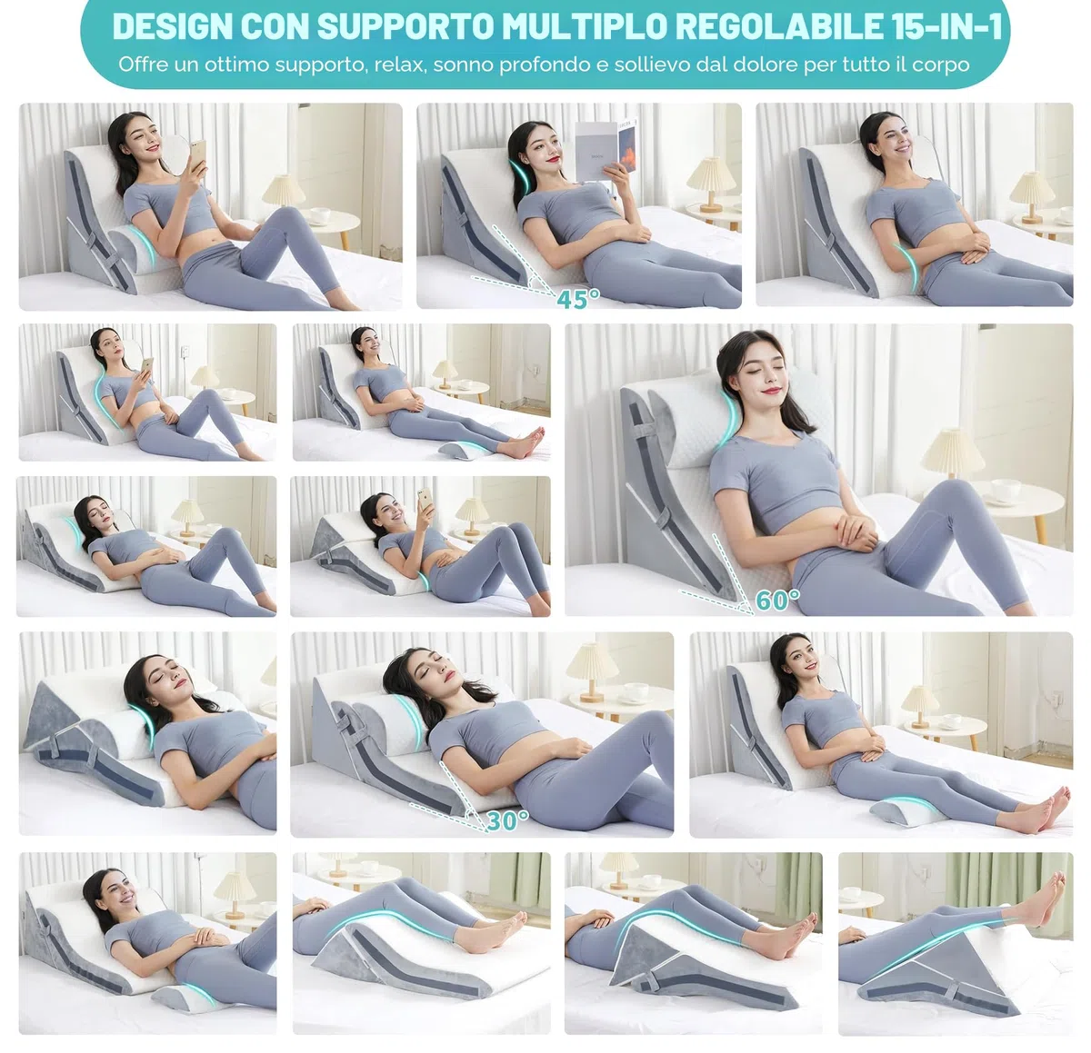 Simpledad Cuscino a cuneo per dormire, set di cuscini ortopedici a cuneo per letto, cuscino a cuneo in memory foam regolabile 15-in-1 post-intervento, cuscini a cuneo inclinabili 3-in-1 per il mal di