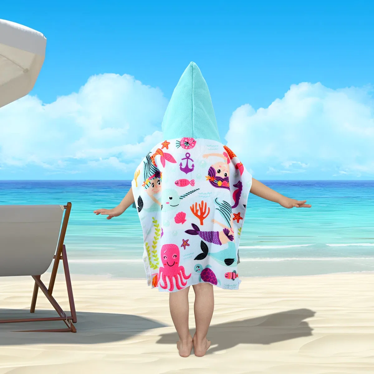 Poncho da Bagno per Bambini, Asciugamano da Spiaggia Per Bambini con Cappuccio Telo Mare in Microfibra per Spiaggia Bagno Doccia Nuotare Piscina Accappatoio per Ragazze Ragazzi 2-8 Anni
