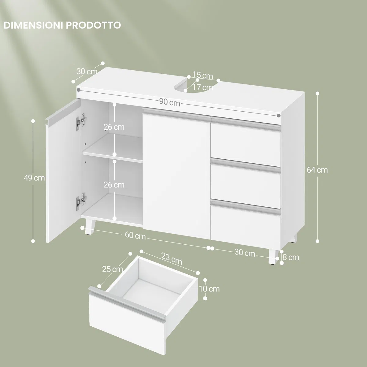 Hzuaneri Mobile Sottolavabo per Bagno, Mobiletto da Bagno, 3 Cassetti, 2 Ante, con Piedini, indipendente, moderno, 30 x 90 x 64 cm, Bianco BC29903X