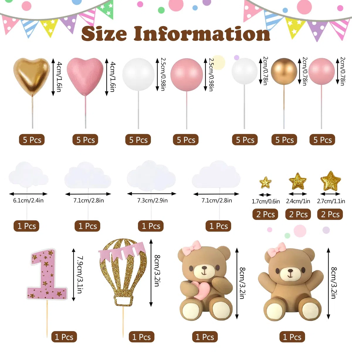 49 Pezzi Topper per Torta Rosa Set, Topper per Torta per il 1anno Compleanno Della Ragazza, Decorazione per Torte con Orsacchiotto per Matrimoni, Baby Shower e Feste di Compleanno