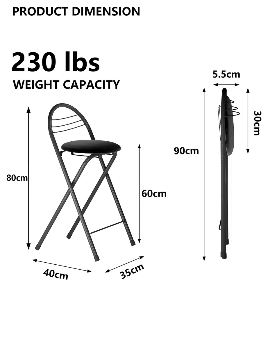 Set di 2 Sgabello Pieghevole in Metallo con Seduta in Morbido Velluto, Portatile Sedia Nera con Schienale e Poggiapiedi, Sgabelli da Bar, Cucina, Giardino, Altezza 60 cm