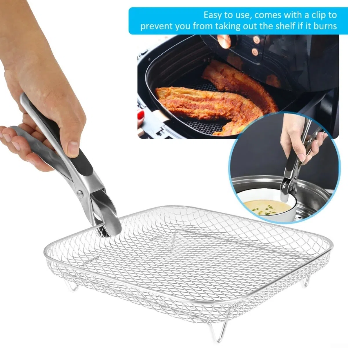 Griglia per friggitrice ad aria in acciaio inox a 3 livelli, 20,3 cm, impilabile, con pinze, da cucina, argento