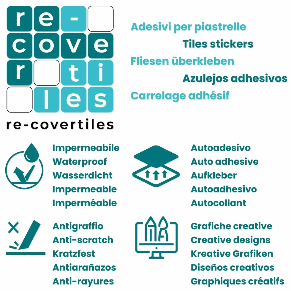 RE-COVERTILES - Adesivi Piastrelle Cucina Bagno Mattonelle adesive in PVC Impermeabili Antigraffio Stickers Decorazione Parete Cementine Peel and Stick - Modello 10 Pz 20x20 cm PS00099 Made in Italy