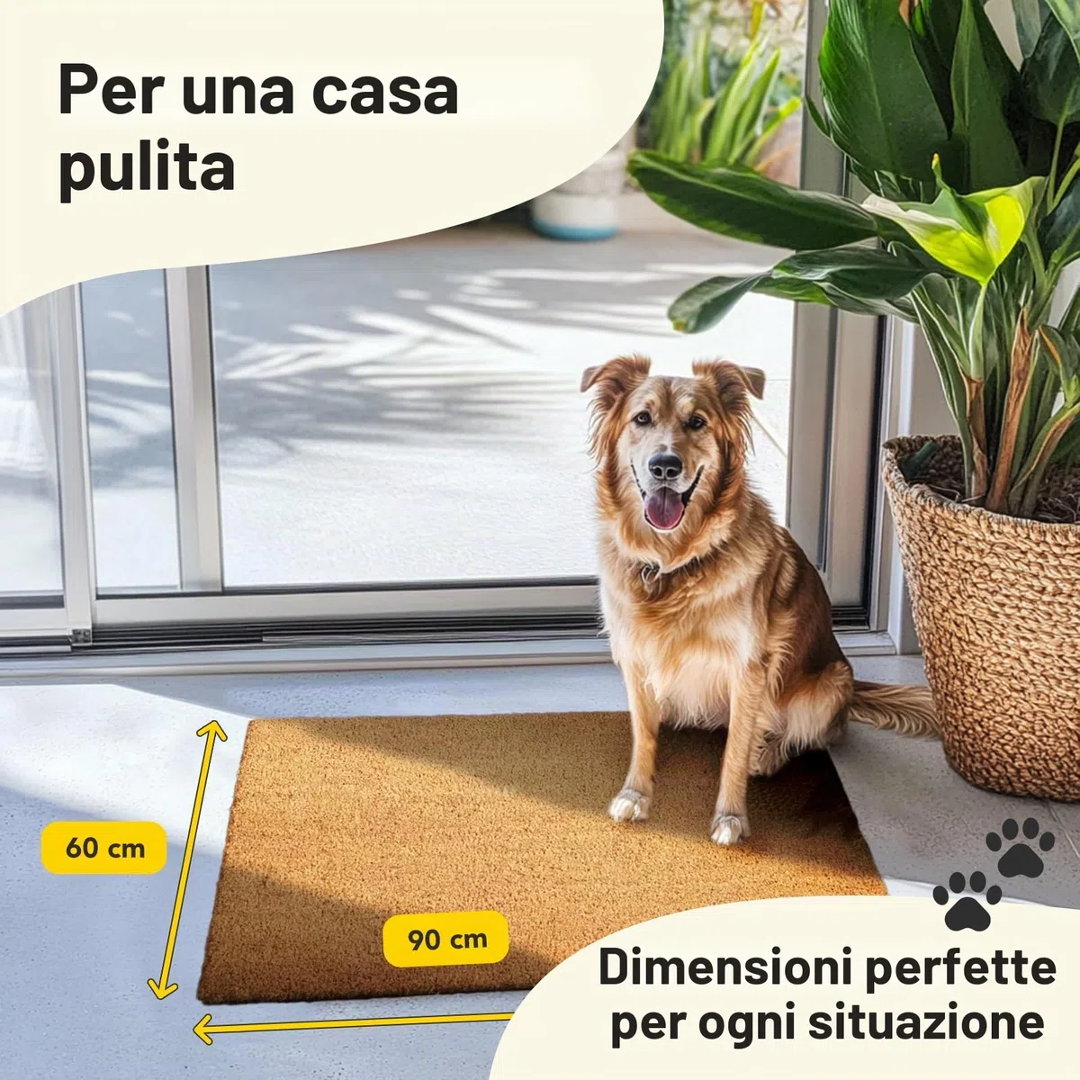 KARAT Zerbino per Interni ed Esterni, in Cocco – Zerbino in Cocco – Protezione Invernale con Retro Antiscivolo per Porta di casa, Naturale, 60 x 90 cm, 1,7 cm