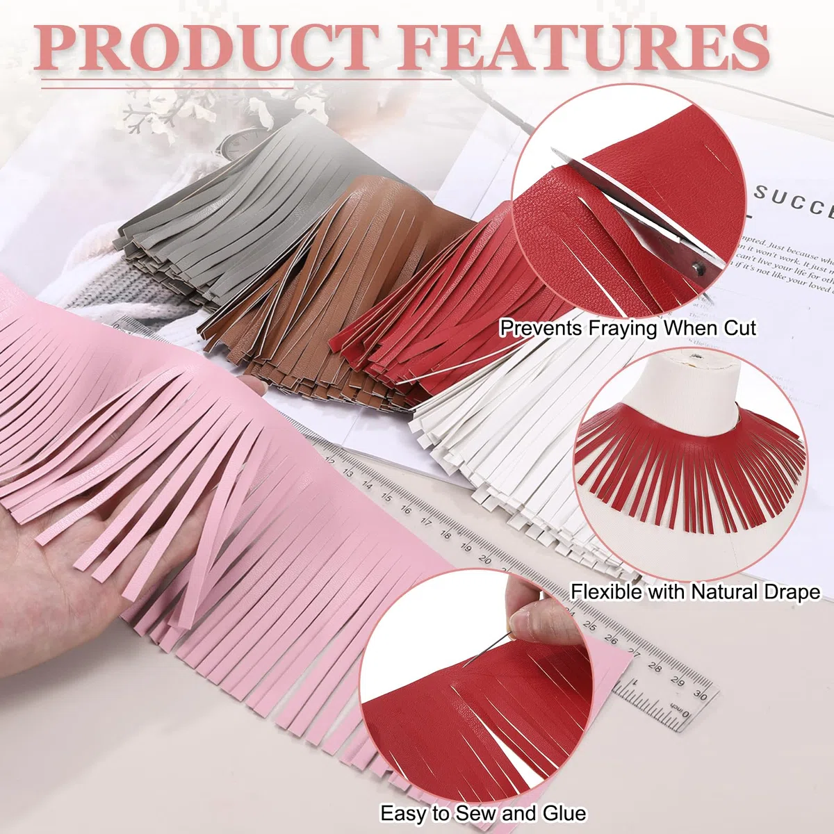 sourcing map Nastro con frange in pelle PU, larghezza 15 cm, doppio lato, per fai da te, artigianato, cucito, abbigliamento, borse, abbellimento, decorazione, rosso