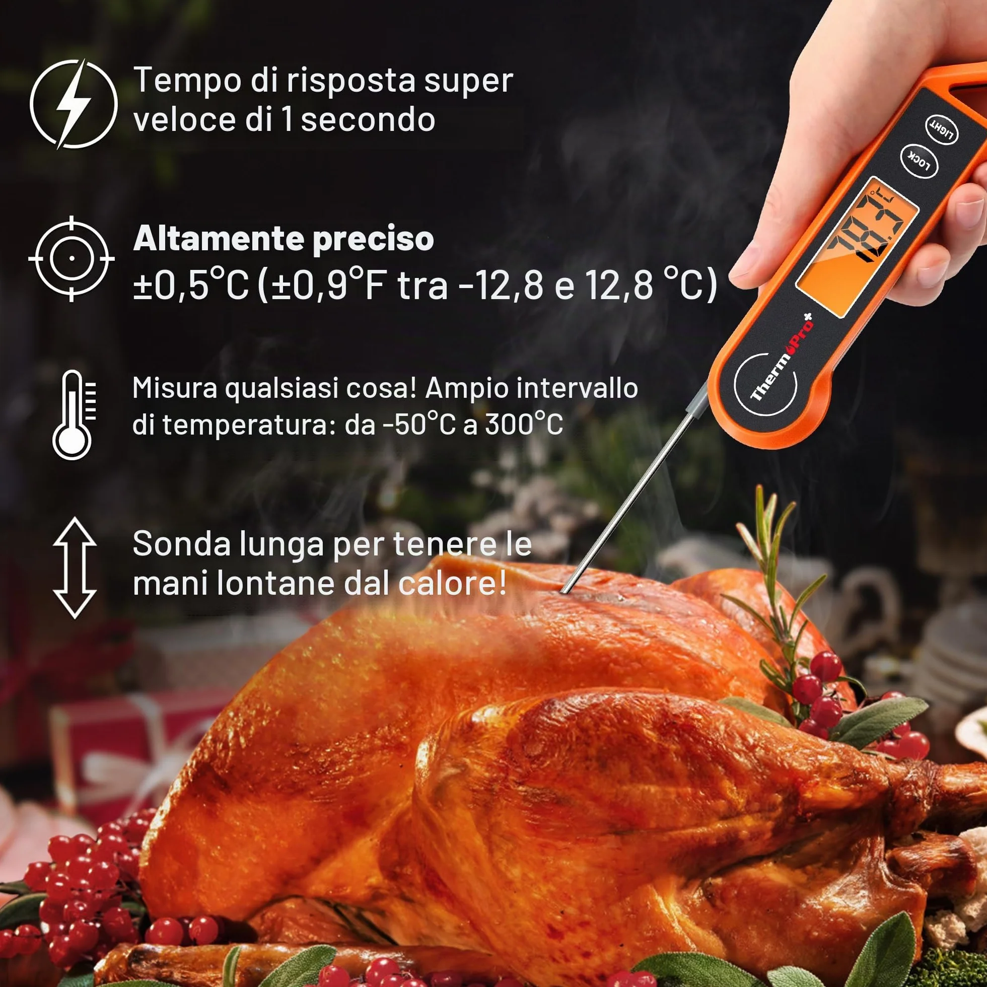 ThermoPro TP19H Termometro digitale per carne per cucinare con retroilluminazione ambidestra, impermeabile per alimenti da cucina BBQ Grill Affumicatore Olio per friggere Caramelle Lettura istantanea