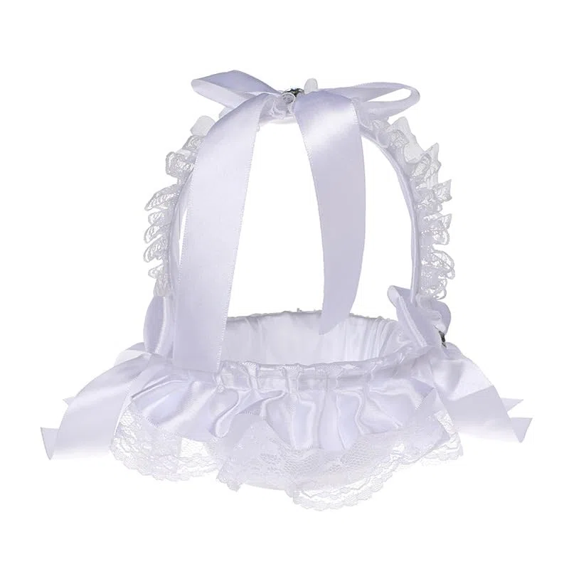 Vinimi Cestino Piccolo 13 * 18cm Decorativo per Matrimonio, Bianco con Pizzo e Fiocchi in Raso, Porta petali, fiori, centrotavolo (MODELLO 1)