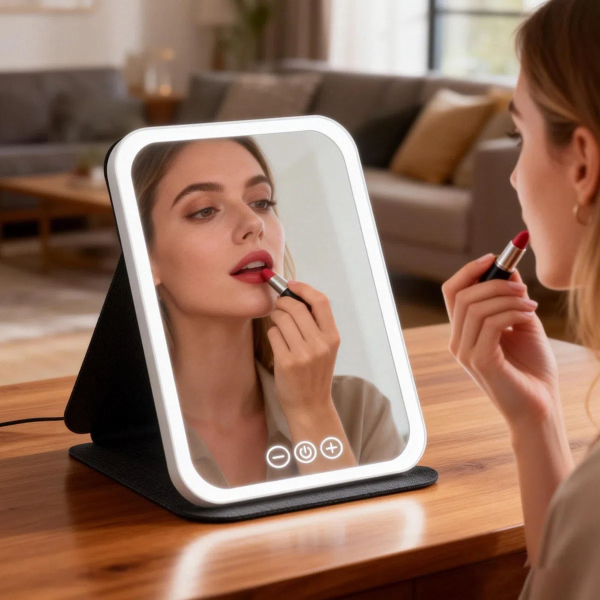 Specchio Trucco con Luci LED, Grande Specchio da Viaggio Pieghevole,Specchio Cosmetico Pelle PU,LED Specchio da Tavolo,Specchio da Scrivania Touch Make Up,3 Temperature di Colore (Square Bianco)
