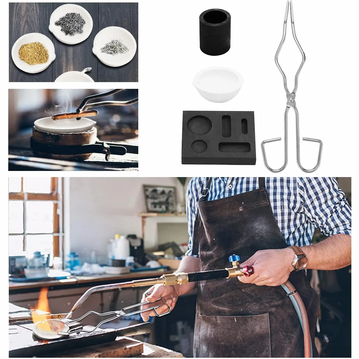 4 Pezzi Set di Crogiolo per Forno Fusione Metalli, Stampo Crogiolo Pinza per Crogiolo, Bowl, Stampo per Piastre in Grafite. Kit Fusione Oro, Argento e Leghe Resistente Alte Temperature
