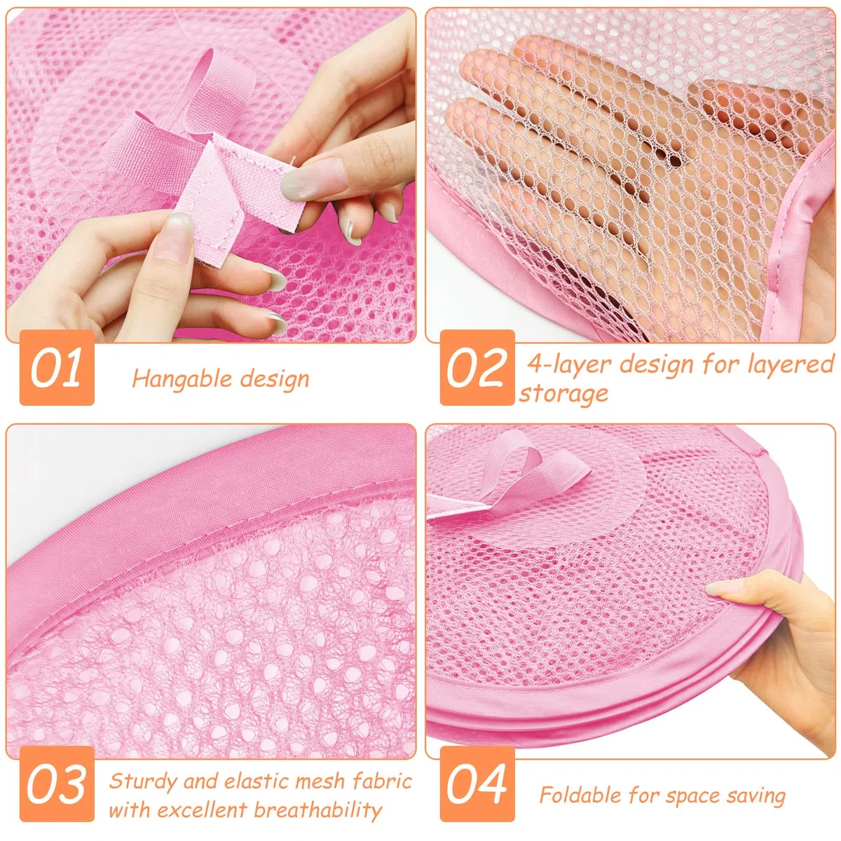 3pcs Organizer Portaoggetti Pieghevole da Appendere a 4 Livelli, Cesto Portaoggetti in Rete, Borsa Organizer per Peluche, Ideale per Cameretta, Bagno e Balcone-Rosa/Viola/Magenta
