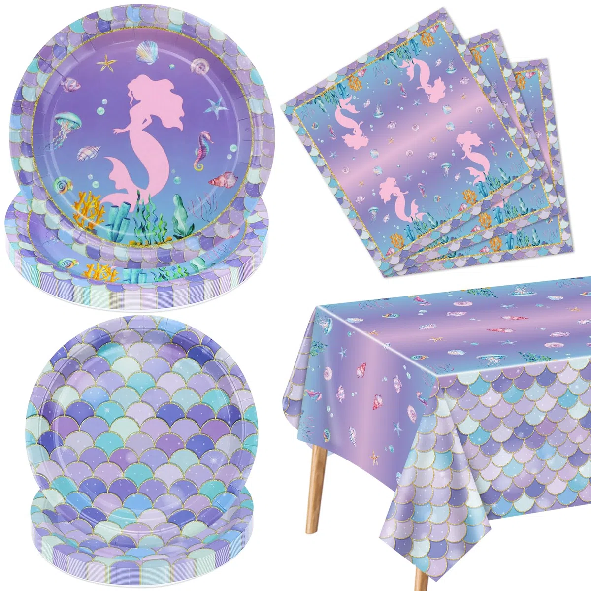 Set da 61 Pezzi per Decorazioni a Tema Sirena - Tovaglia, Piatti e Tovaglioli per Festa di Compleanno - per 20 Persone